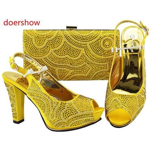 Doershow High Quality yellow color African Designer Shoe And Bag Set To Match/ Italian Shoes With Matching Bags Set!SH1-11
