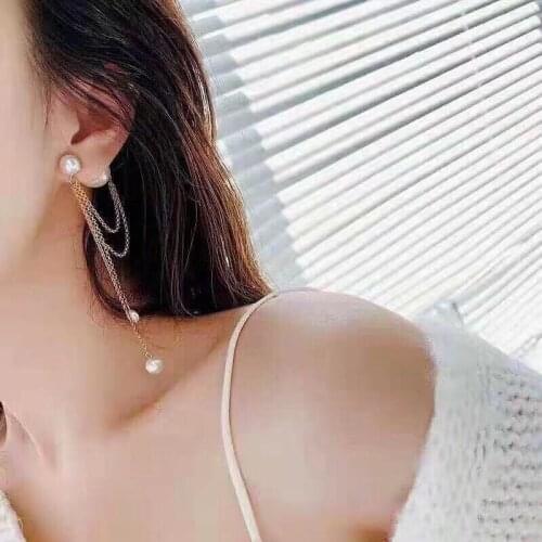 Exquisite Real 925 Sterling Silver Tassel Drop Earrings Charming Jewelry Pearl Pendant Cross Chain Lasting Shine Good-looking