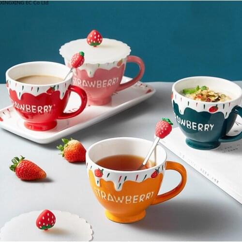 Strawberry Milk Coffee Cup 401mL Mug Ceramic Cup Pink Girl Heart Living Room Dining Table Supplies American Kitchen Supplies