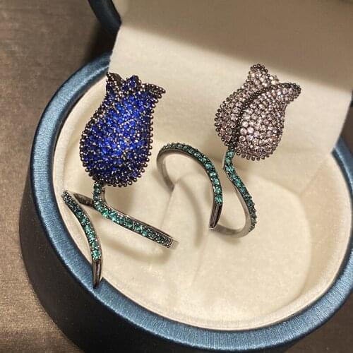 Fashion Trendy Cubic Zirconia Royal Blue Flower Rose Open Ring Purple For Women luxurious Jewelry Girl Gift Wedding