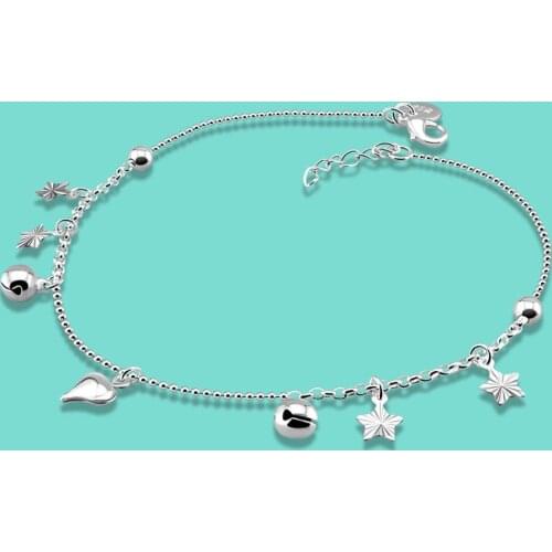 Fashion 925 sterling silver anklets Concise style star pendant 26.5cm chains womens body jewelry Solid silver chains best gift