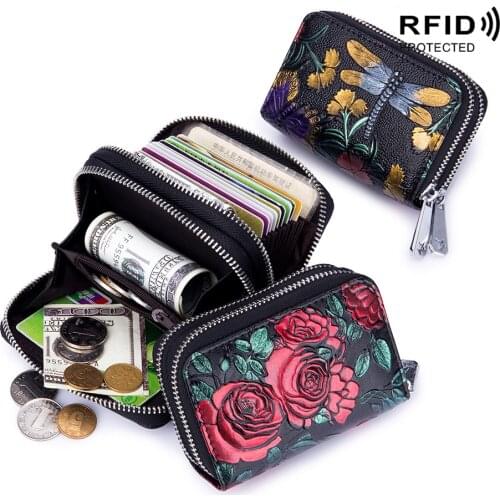 Fashion RFID Women Card Holder Split Leather Double Zipper Card Case Large Capacity 3D Flower Printed Lady Women Wallets Purse