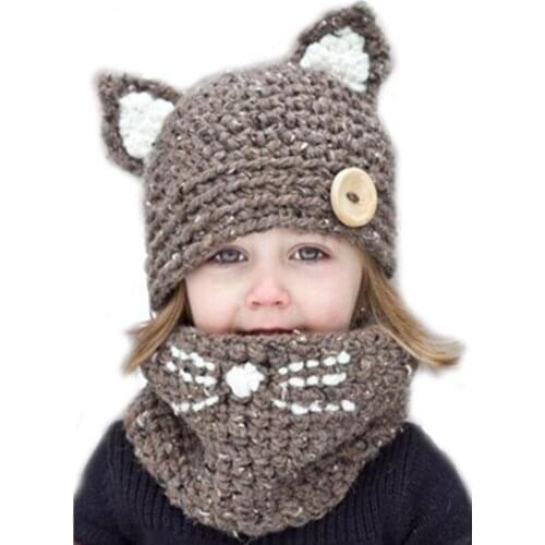 2020new Foreign trade knitted hats, childrens animal cat ears suit hats, hand-knitted, warm and neck protection childrens hats