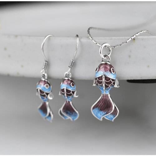 New silver retro Jingtai blue enamel fish Earrings Pendant Necklace Chinese classical elegant charm womens jewelry