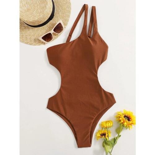 New Sexy Four Solid Color Brown Yellow White Red One Shoulder One Piece Swimsuit Bathing Suit Women Swimming Suit Beachwear