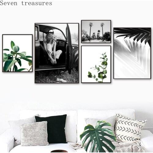 Palm Leaves Tree Girl Beach Art Canvas PaintingWall Nordic Posters And Prints Black For Living Room Decor White Wall Pictures