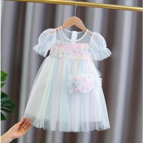 Girls Dress Summer LaceTulle Baby Clothes Short-Sleeve Pearls Princess Colorful Baby Kids Dress with Candy Bag 2-6Y