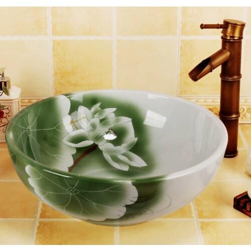Lotus Round Antique Style Handmade Porcelain Art Lavatory Ceramic Bathroom Sink green vessel sink