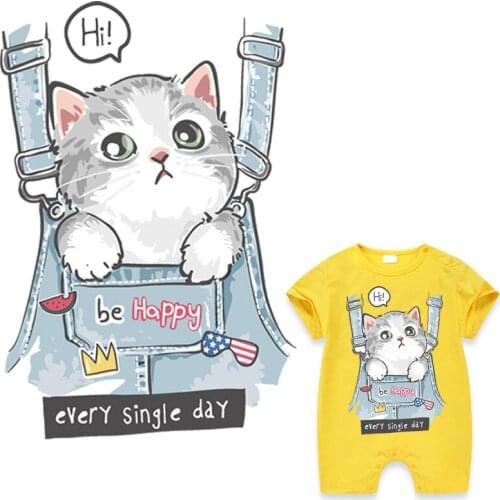 Happy Everyday Thermal Patches Cartoon Cat Heat Transfer Fashion Diy Accessory Clothes Iron On Stickers Iron-On Transfer