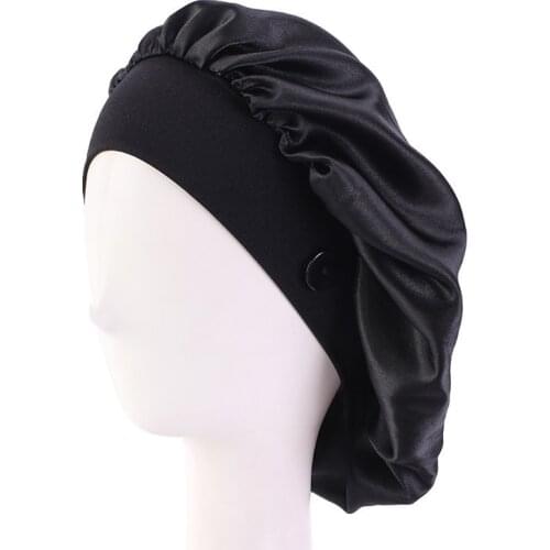 Women Satin Sleep Night Cap With Button Head Cover Bonnet Wash Hat African Hair Care Turban Headcover Beanie Bandana