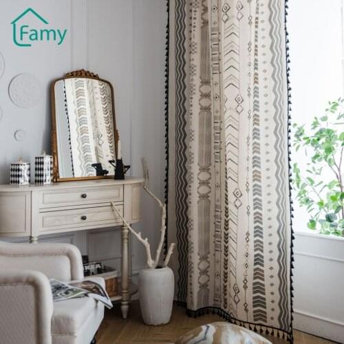 Modern Cotton Linen Curtain Half Blackout Curtins for Bedroom Living Room American Tassel Finished Drapes Window Curtain