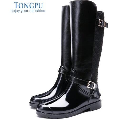 TONGPU Womens Winter High Boots Side Zipper & Buckle Warm Lining Rain Boots 154-305