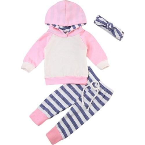 2018 Baby Boys Girls Spring Hooded Clothes Pink Green Sweatshirt Tops Long Stripe Pants Leggings Infant Outfits Sets 0-24Y
