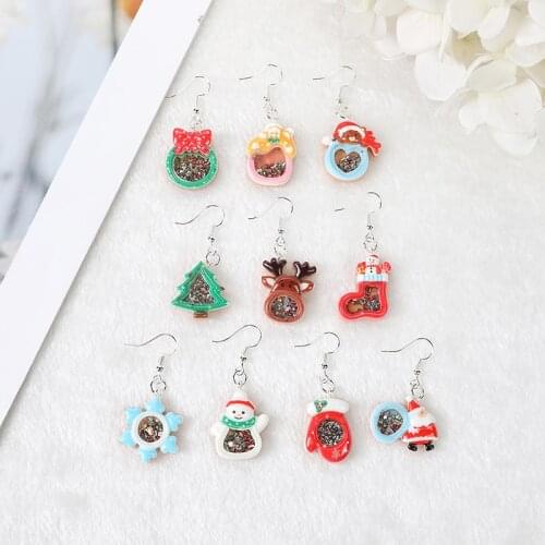 1Pair Drop Earrings Cute Christmas Quicksand Fill Flatback Cartoon Resin Jewelry Party Gifts For Woman And Children