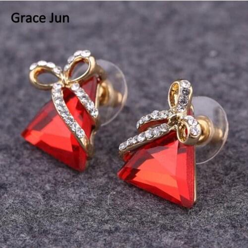 High Quality Austria Crystal Rhinestone Bowknot Triangle Shape Clip on Earrings Without Piercing Charm Bridal Pierced Earrings