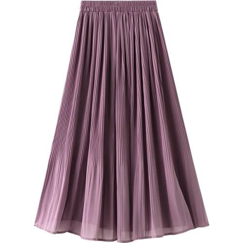 Summer Korean Chiffon Pleated Midi Skirts For Women Casual High Waist Office Lady Streetwear Long Skirt Harajuku Femme