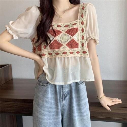 Ladies Summer Casual Loose Knit Chiffon Shirt Embroidered Hollow Square Neck Top Stitching Short Sleeves Tops Female Fashion