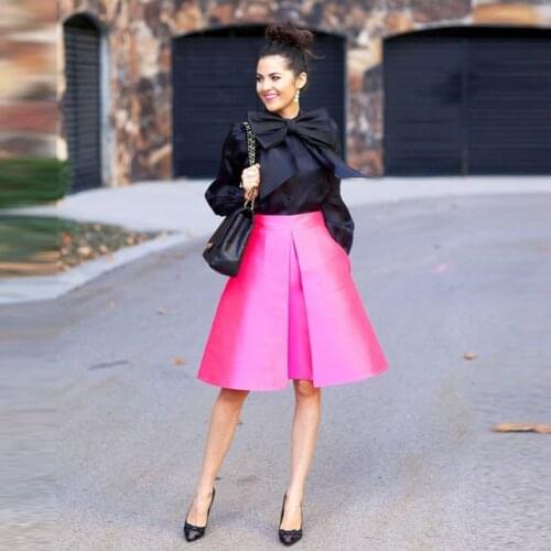 2017 Trendy Hot Pink Women Skirt with Pockets High Waist Knee Length Pleated Midi Skirts for Ladies to Office Custom Made