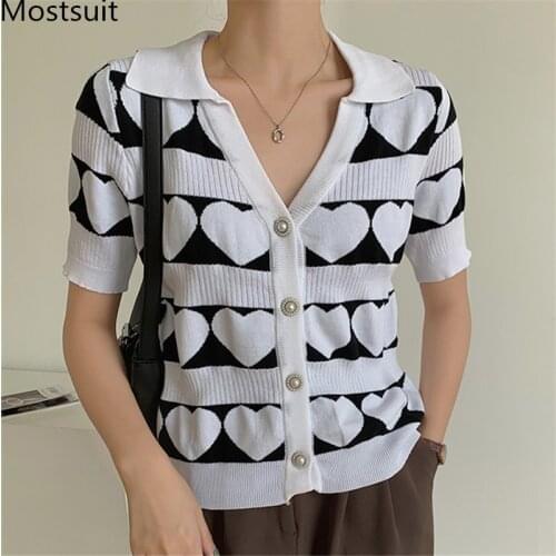 Summer Stylish Vintage Women Cardigan Knitwear Heart Knitted Short Sleeve V-neck Single Breasted Tops Sweater Jumpers Femme 2021