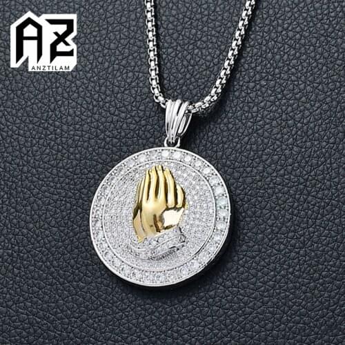 AZ Hip Hop Bling Round Religious Prayer Pendant Necklace Paved AAA Cubic Zirconia Long Chain Necklace For Men Women Rapper