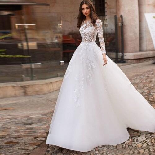 Elegant Wedding Dresses Tulle Appliques Pleat Bateau Full Sleeve Covered Button A-Line Bridal Gowns Novia Do 2021