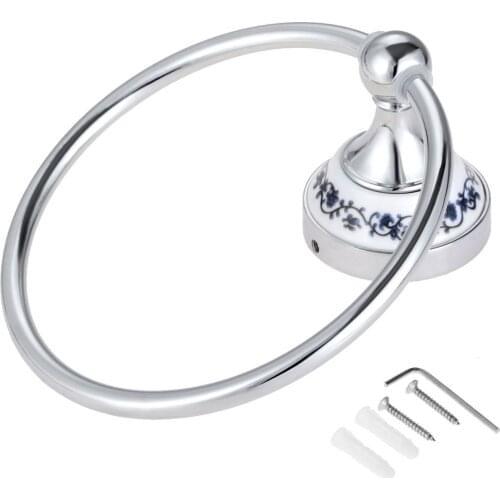 1set Silver Towel Ring Hook Holder Wall Mount Rack Blue&White Porcelain Ceramic Base Stainless Steel Old Chinese Decor 157mm