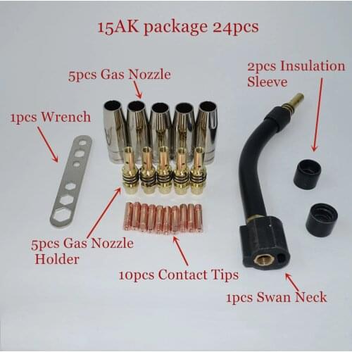 15AK Torch/Gun Consumables 24pcs Gas Nozzle/Tips/Holder Tips Goose Neck Bend for MIG/MAG Welding Machine