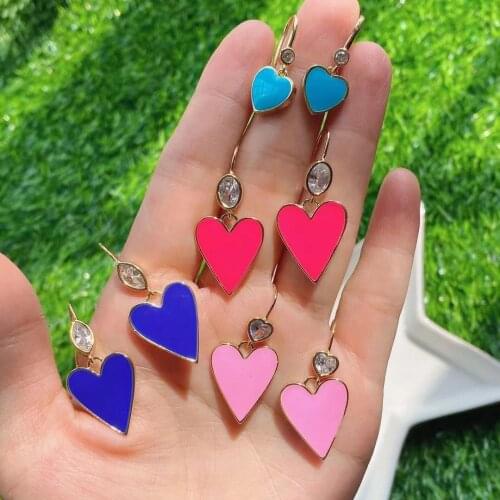 5Pairs 2021 Hot Sale Trendy Hot Pink Light Blue Enamel Candy Color Heart Shape Zircon Stud Earrings For Women Gift