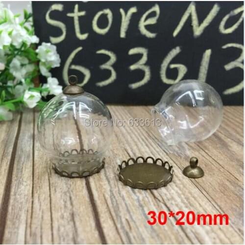 Free ship! 20sets/lot bronze color 30*20mm glass globe & lace base & 8mm cap set glass globe set glass vial pendant glass cover