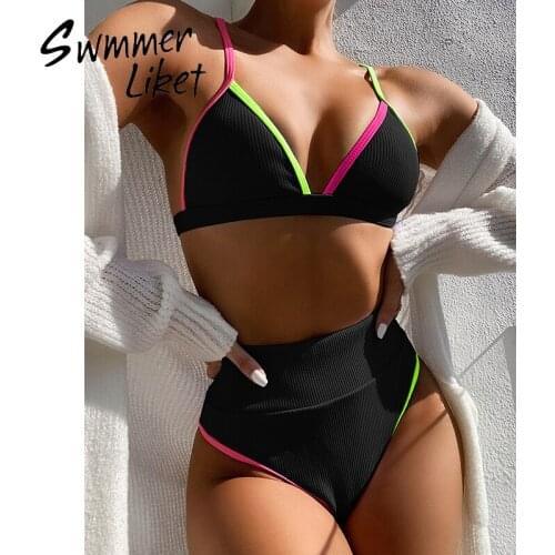 High wasit bikinis 2020 mujer Ribbed swimsuit women Triangle two piece suit Patchwork bathing suit Vintage swimsuit beach wear