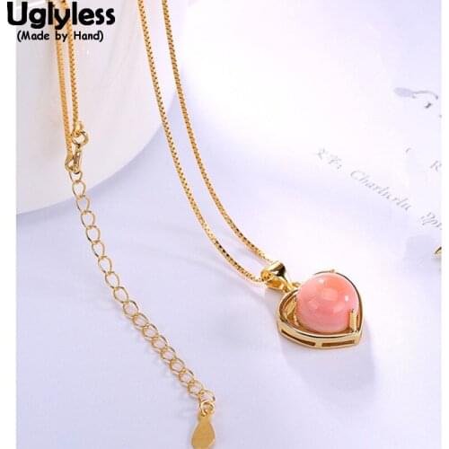 Uglyless Real S 925 Sterling Silver Natural Pink Shell Women Heart-shape Pendant with Chain Vintage Fashion Fine Necklace Ethnic