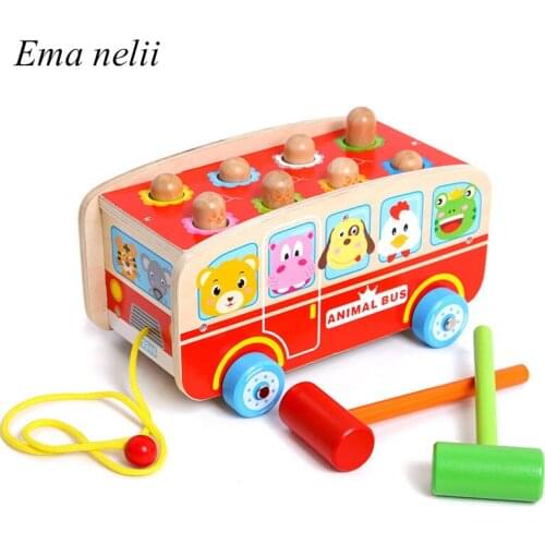 Children Montessori Educational Wooden Toys Bus Hits Hamster Toy Vehicles Baby Tapping Dragging Wood Car Baby Interactive Game