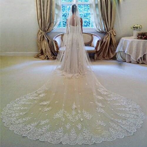 Full Lace Applique Edge 350cm Luxury Wedding Veil for Bride Women White Handmade Tulle Bridal Veils Ivory Wedding Accessories