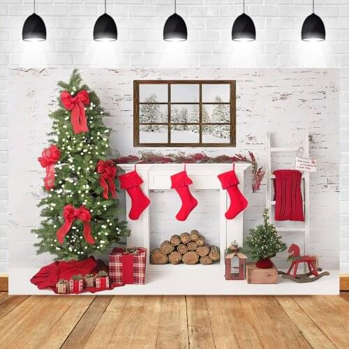 Winter Christmas Background For Photography Christmas Tree Fireplace Socks Gifts Forest Scene Party Family Shoot Photo Backdrop