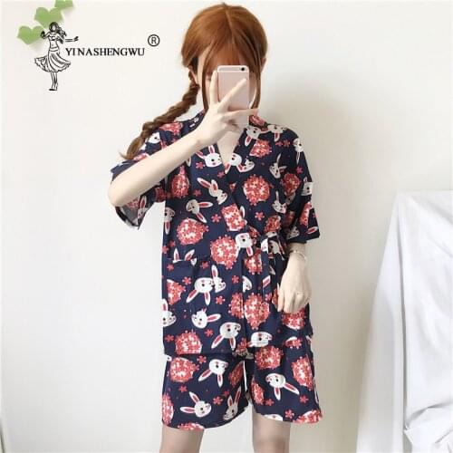 Kimono Femme Sakura Rabbit Pajamas Sets Asia Japan Yukata Women Cotton Shorts Bathrobes Short Sleeves Homewear Japanese Kimono