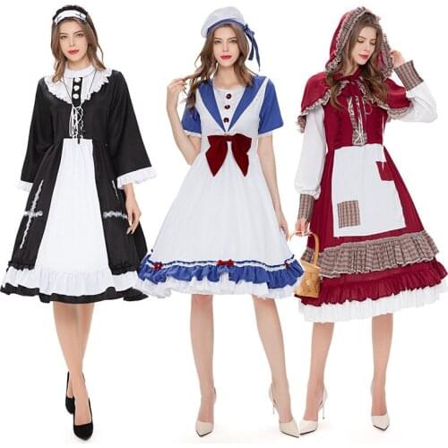 2021 Halloween Adult Farm Manor Black White Ruffle Maid Costume Lovely Sailor Dress Little Red Riding Hood Cosplay Party Outfit