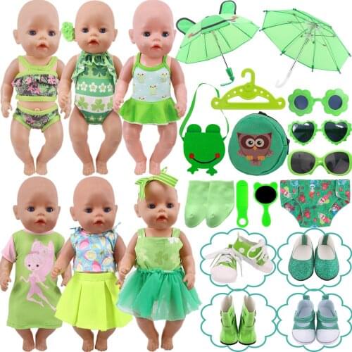 Doll Clothes Green Swimsuit,Sling Skirt,Rainy Boots For 18 Inch Girl American&43 Cm Reborn Baby Doll Accessories,Generation Gift