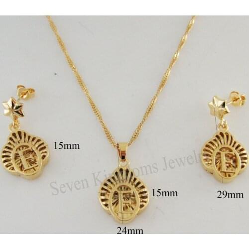 MIN ORDER IS ONE PIECE YELLOW GOLD GP 18" NECKLACE CUTE LETTER LETTERS INITIAL INITIALS D E J T V PENDANT STUD EARRING SET
