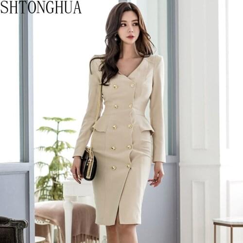 Fashion Women Spring Dresse Casual Office Lady Elegant Business Party Bodycon Dress Vintage V-neck Double-breasted Sexy Dresses