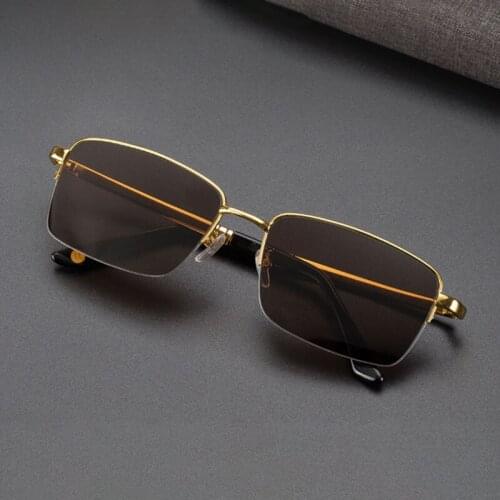Glass Half Rim Sunglasses Men Vintage Semi-Rimless Sun Glasses Man Crystal Stone Brown Lens Sunglasses Eyewear Goggles Oculos