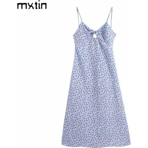 MXTIN 2021 Women Summer Fashion Floral Print Bow Tie Midi Dress Vintage Sleeveless Backless Tin Tie Straps Female Party Dresses