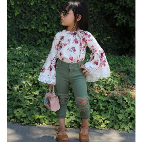 August New arrival 2PCS Infant Kids Baby Girl Floral Dress Top+Denim Pants Jeans Clothes Outfit Floral Print fLARE Sleeve Blouse