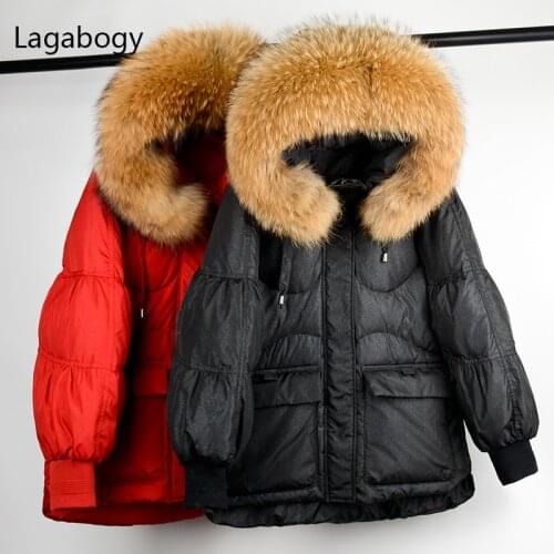 Lagabogy 2021 Winter White Duck Down Coats Women Medium Long Hooded Puffer Jackets Female Glossy Parkas Real Raccoon Fur Collar