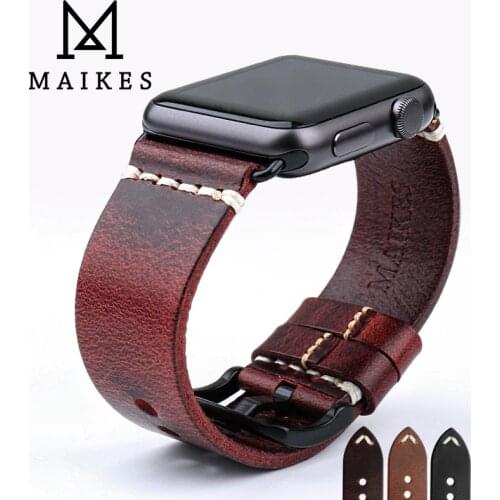 MAIKES Replacement For Apple Watch Band 44mm 40mm 42mm 38mm Series 4/3/2/1 IWatch Bracelet Red Vintage Oil Wax Leather Watchband