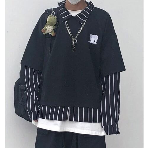 NYOOLO Harajuku style embroidery fake 2 piece Striped patchwork shirt Autumn streetwear loose long sleeve shirt women men top