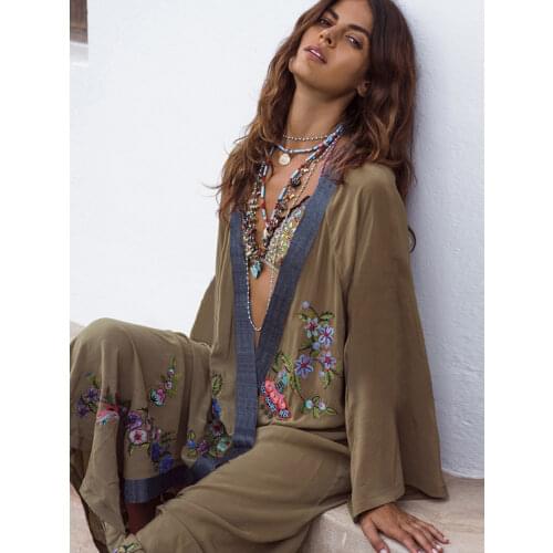 Flowers Embroidery Beach Kimono Holiday Army Green Vintage Swimwear Cover-Ups Long Sleeve Autumn Outer Cover