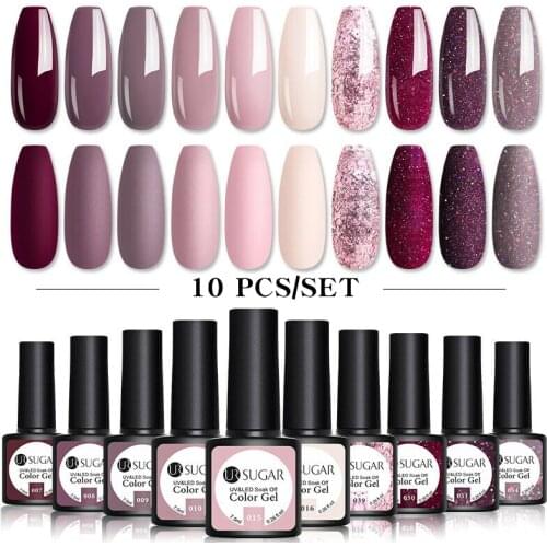 UR Sugar 10Pcs Gel Nail Polish Kit Nude Gray Nail Polish Pink Blue Glitter Soak off Nail Gel Polish Kit
