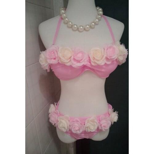 [Stock] Handmade Flower Candies Pink Swimsuit Sexy Cute Bikini Summer Women Swimwear+Veil Free Shipping
