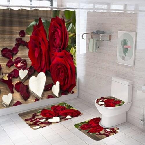 Red Rose Shower Curtains Flowers Love Bathroom Curtain Bath Sets Toilet Cover Mat Non-Slip Washroom Rug Set Modern 180x180cm
