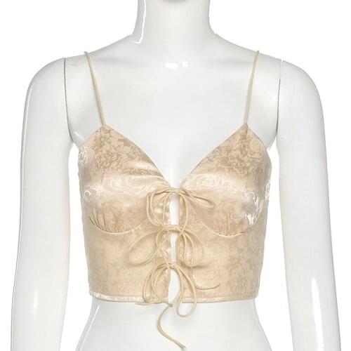 Gaono Jacquard Lace Up Bralette Camis Crop Tops Women Sleeveless Summer Sexy Backless Cropped Feminino Tops Streetwear Hot